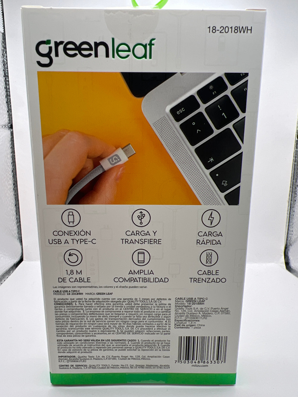 Cable USB a Tipo C Green Leaf 18-2018WH 60W 1.8m trenzado blanco