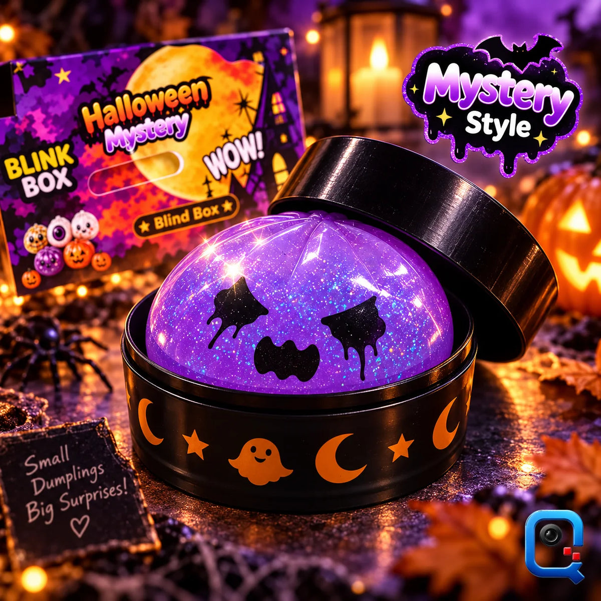 Squishy dumpling Halloween con luz en su lata, escena de Halloween (recreacion digital) (recreación digital)