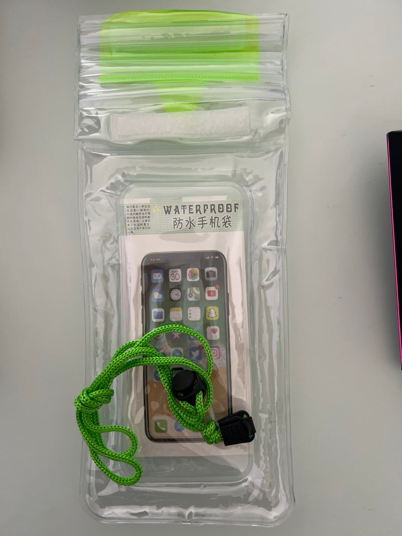 Bolsa contra agua de tres cierres flotante para celular, color Transparente Verde Neon — foto real del producto — foto real d