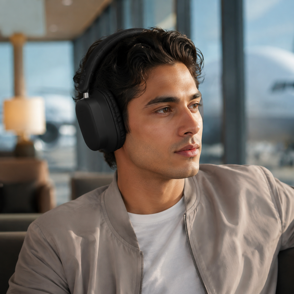 Hombre usando audífonos 1HORA AUT250 negros en una sala de aeropuerto — creativo (imagen generada con IA).
