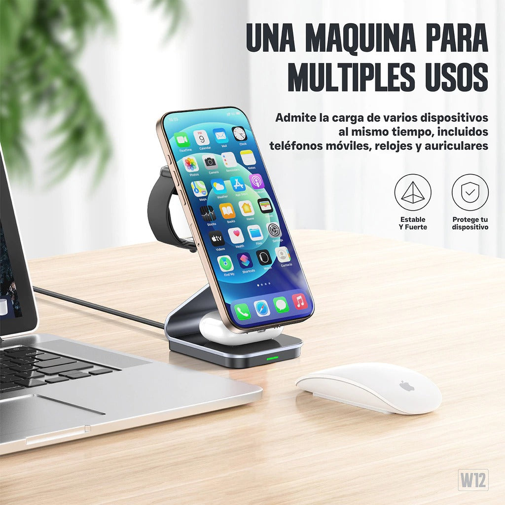 KBOD W12 carga celular, reloj y audifonos al mismo tiempo junto a una laptop (recreación digital)