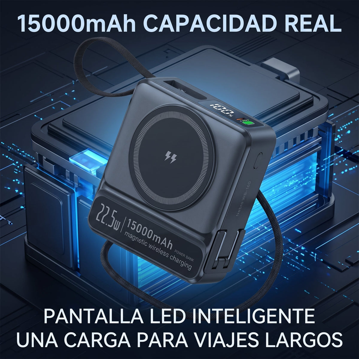 Power bank Nebro WB-160 de 15000 mAh con pantalla LED (recreación digital)