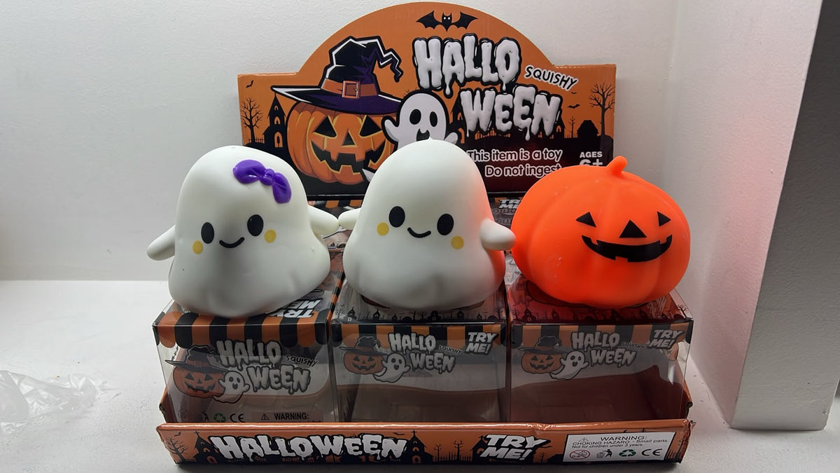 Exhibidor Halloween Squishy con fantasma nina, fantasma nino y calabaza en sus cajas