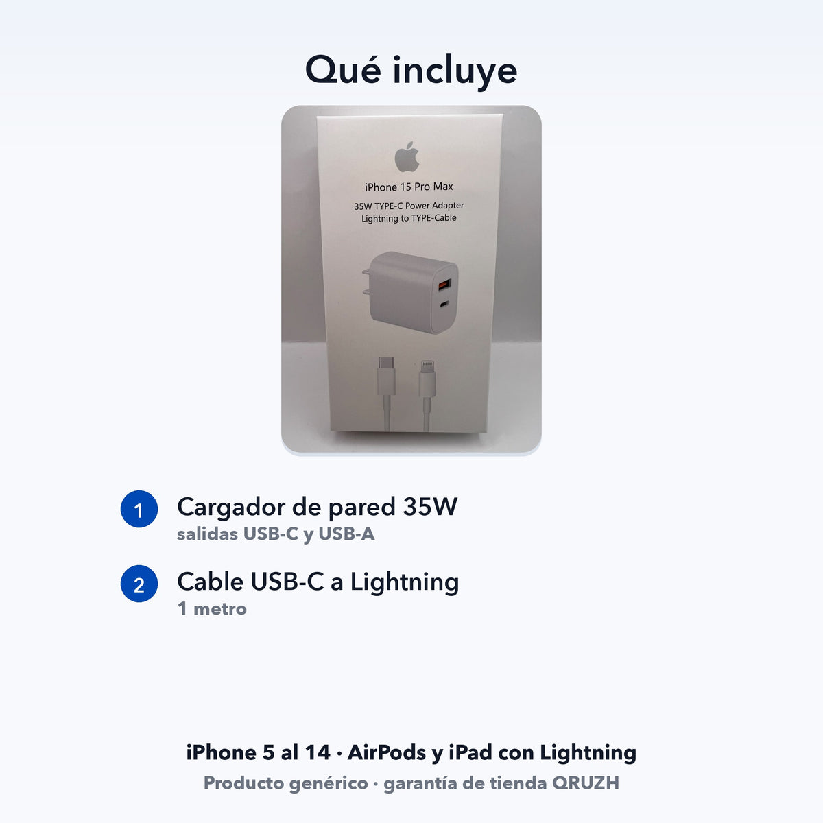 Cargador de pared 35W con salidas USB-C y USB-A y cable Lightning — QRUZH