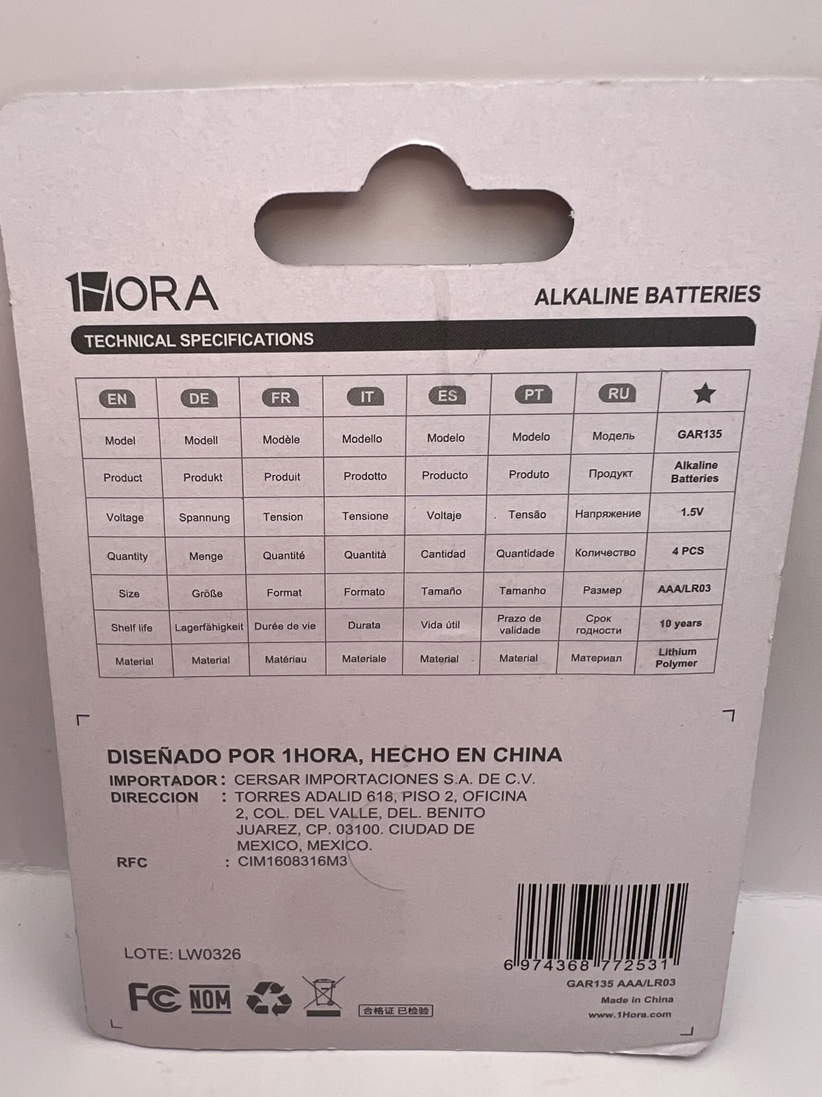 Reverso del blíster: pila alcalina AAA 1HORA GAR135