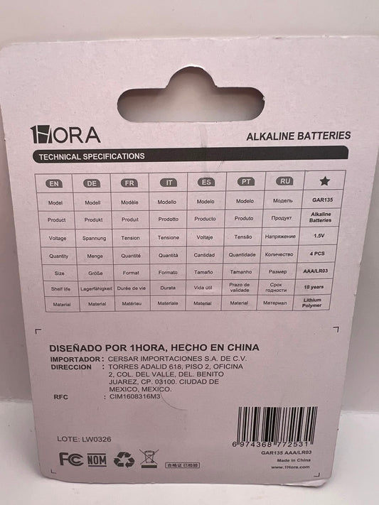 Reverso del blíster: pila alcalina AAA 1HORA GAR135