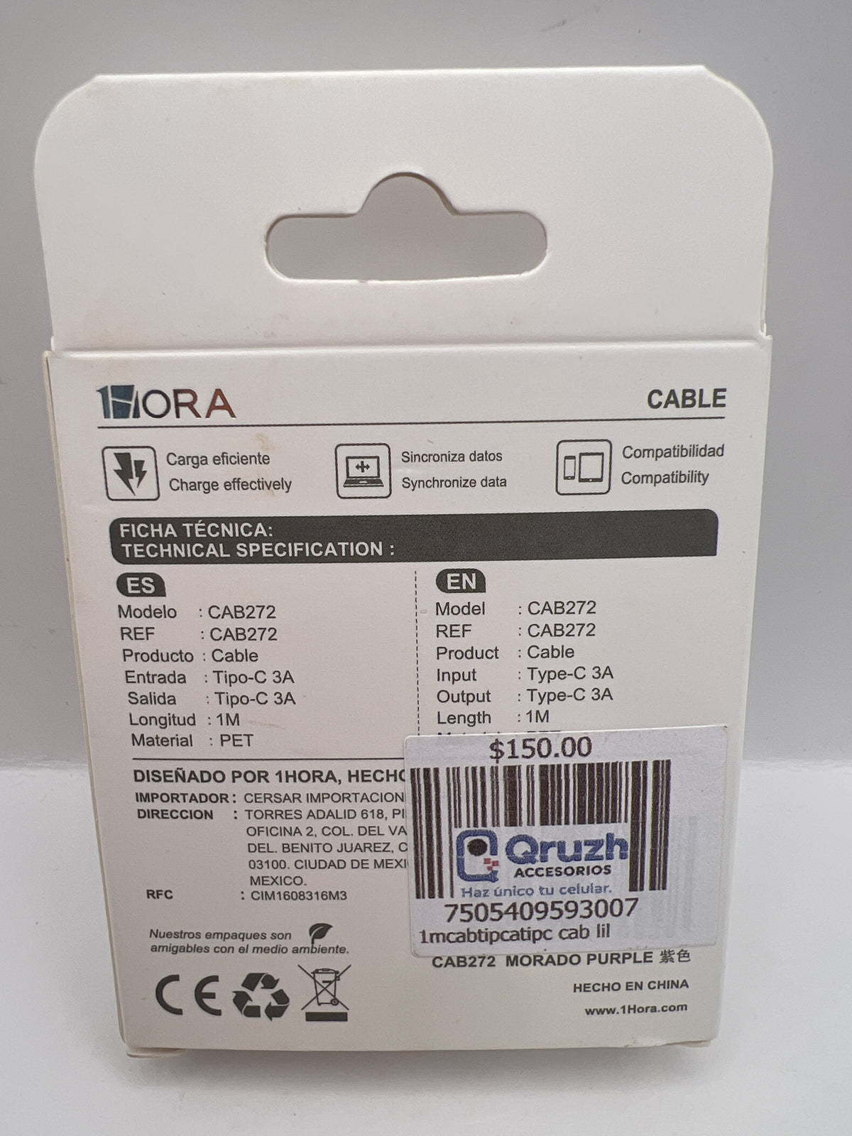 Ficha tecnica del cable 1Hora CAB272 lila