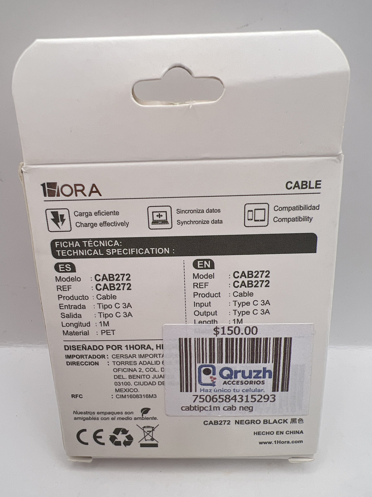 Ficha tecnica del cable 1Hora CAB272 negro