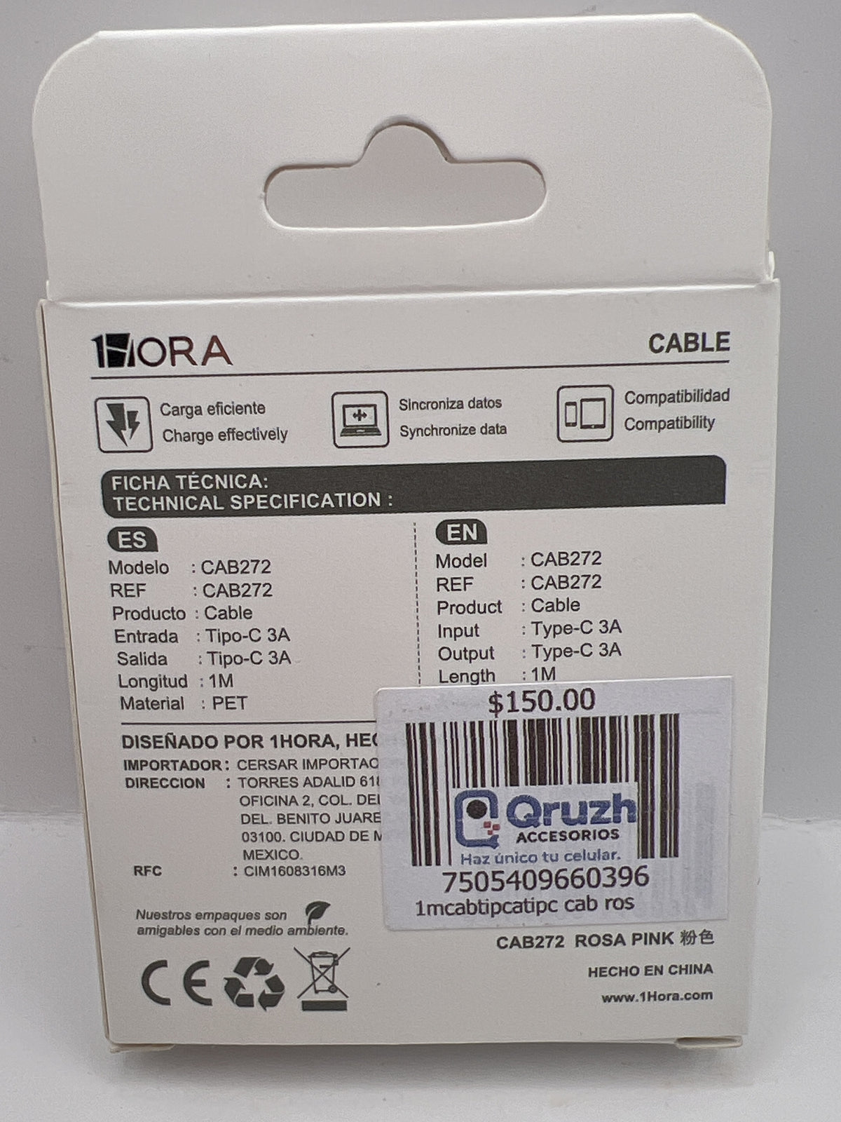 Ficha tecnica del cable 1Hora CAB272 rosa