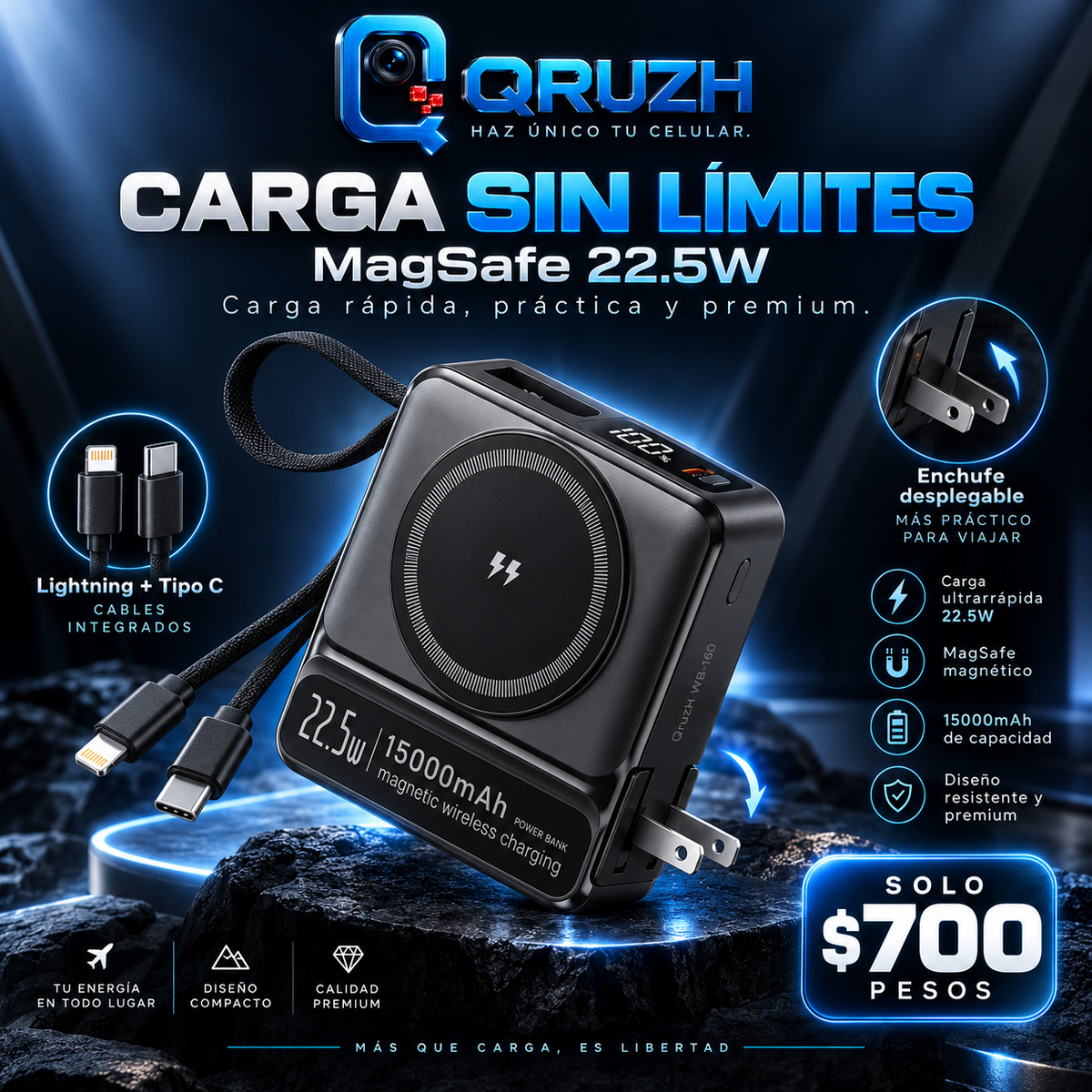 QRUZH power bank Nebro WB-160 carga sin limites MagSafe 22.5 W con cables y enchufe, 700 pesos (recreación digital)