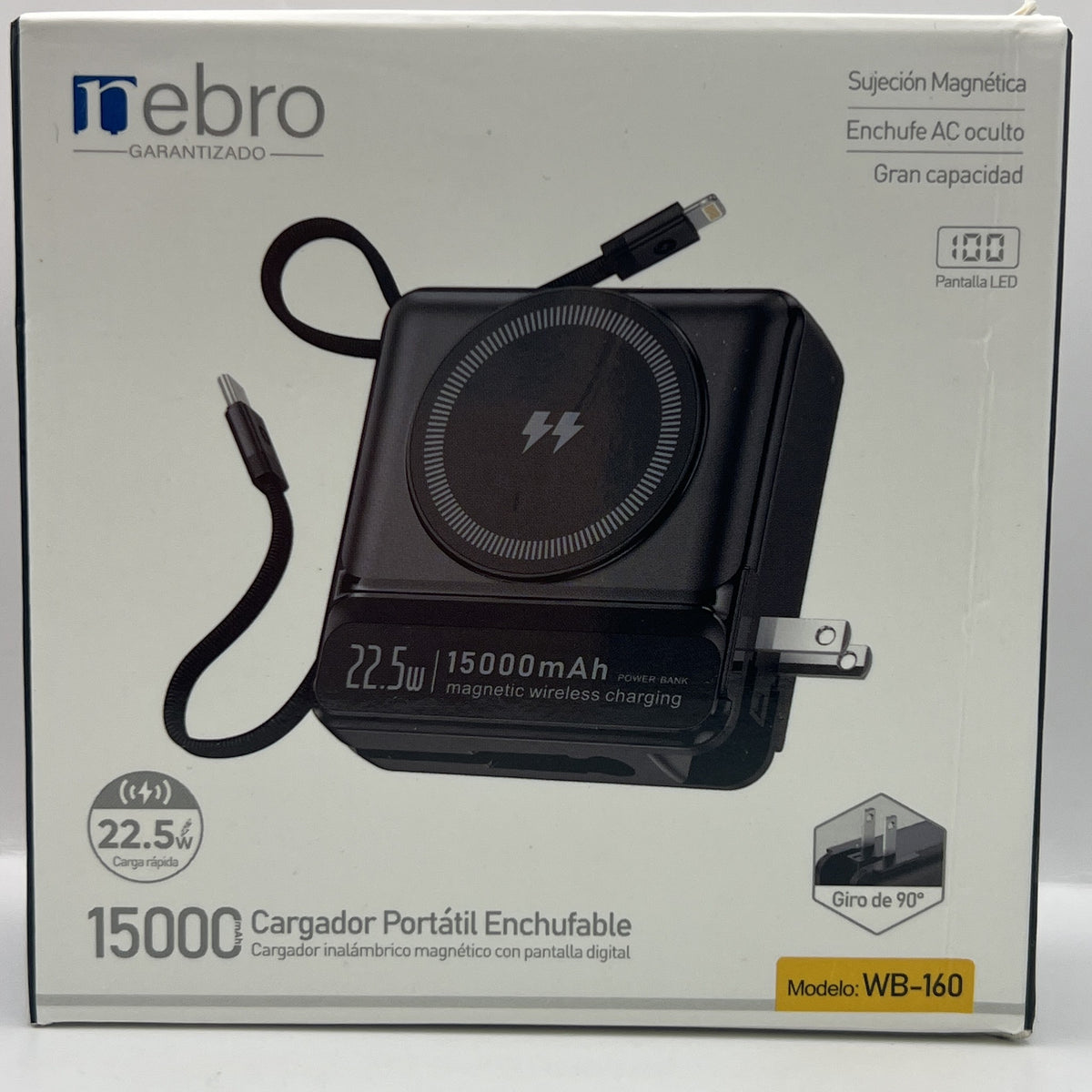 Caja real del power bank Nebro WB-160 cargador portatil enchufable 15000