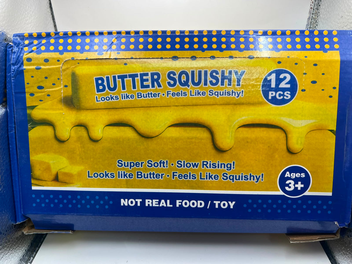 Empaque original: Butter Squishy 12 pcs, super soft, slow rising, edad 3+, no es comida real