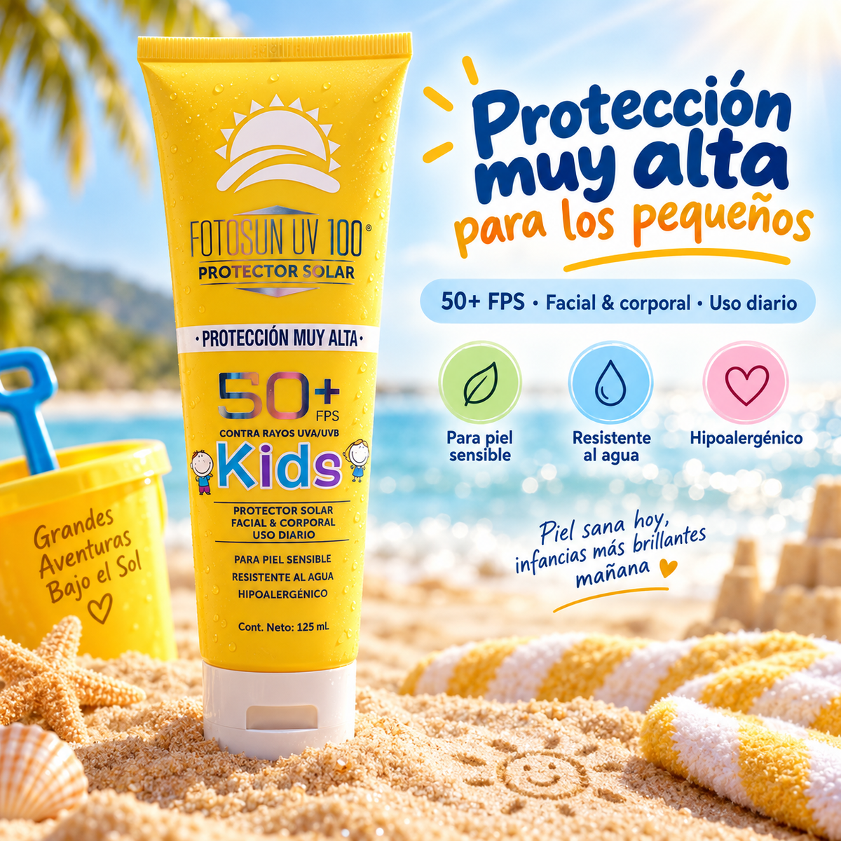Protector solar Fotosun UV 100 Kids FPS 50+ en la playa, proteccion muy alta para los pequenos (recreación digital)