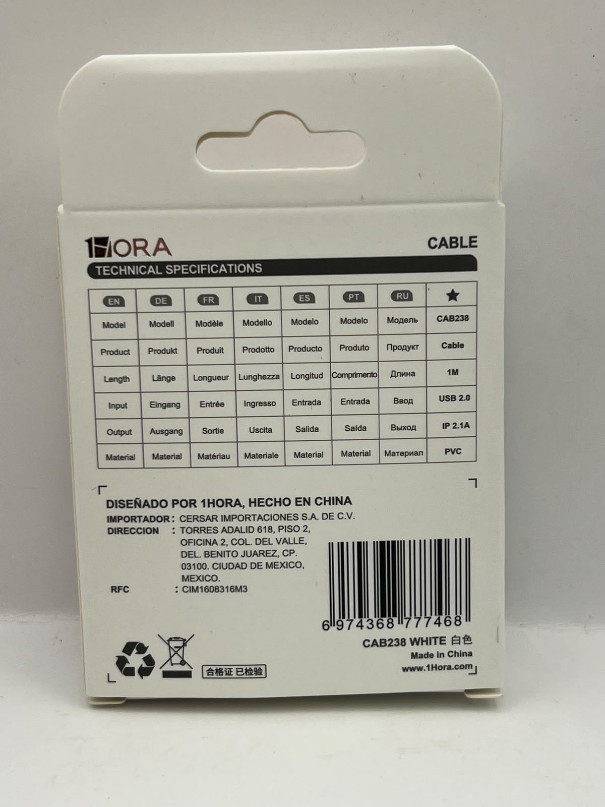 Empaque del cable 1HORA CAB238 Lightning 1 m blanco