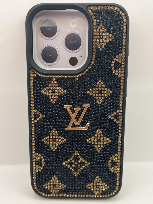 Funda iPhone 15 Pro lv pedreria Negro Con Dorado | QRUZH