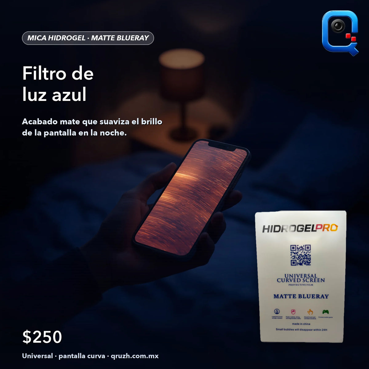 Mica hidrogel matte blueray, filtro de luz azul, escena de uso nocturna (recreación digital)