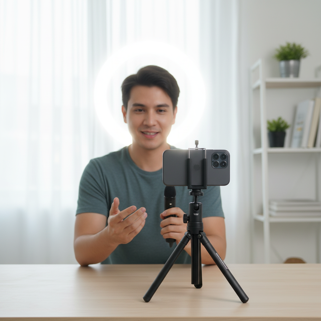 Creativo generado con IA a partir de fotos reales del tripié selfie VMEX VZJ-17