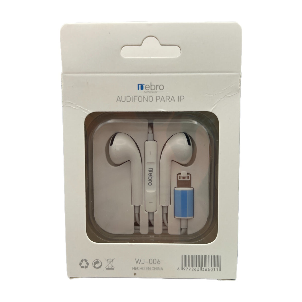 Reverso de la caja Nebro WJ-006 audifono para iPhone con codigo de barras