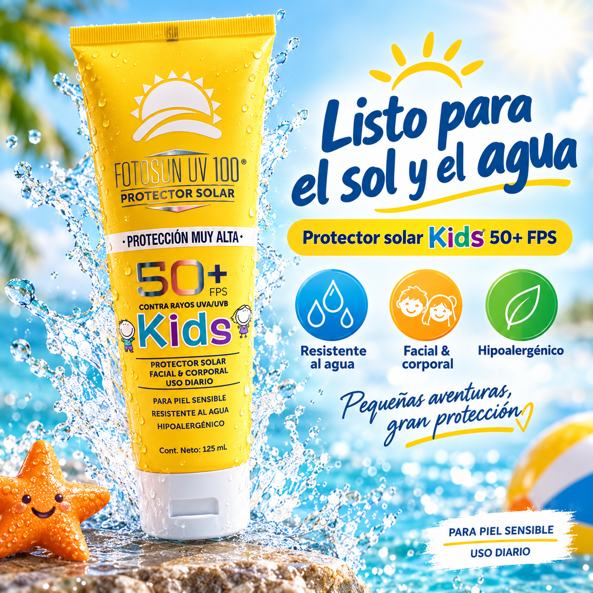 Protector solar Fotosun UV 100 Kids FPS 50+ resistente al agua, facial y corporal, hipoalergenico (recreación digital)