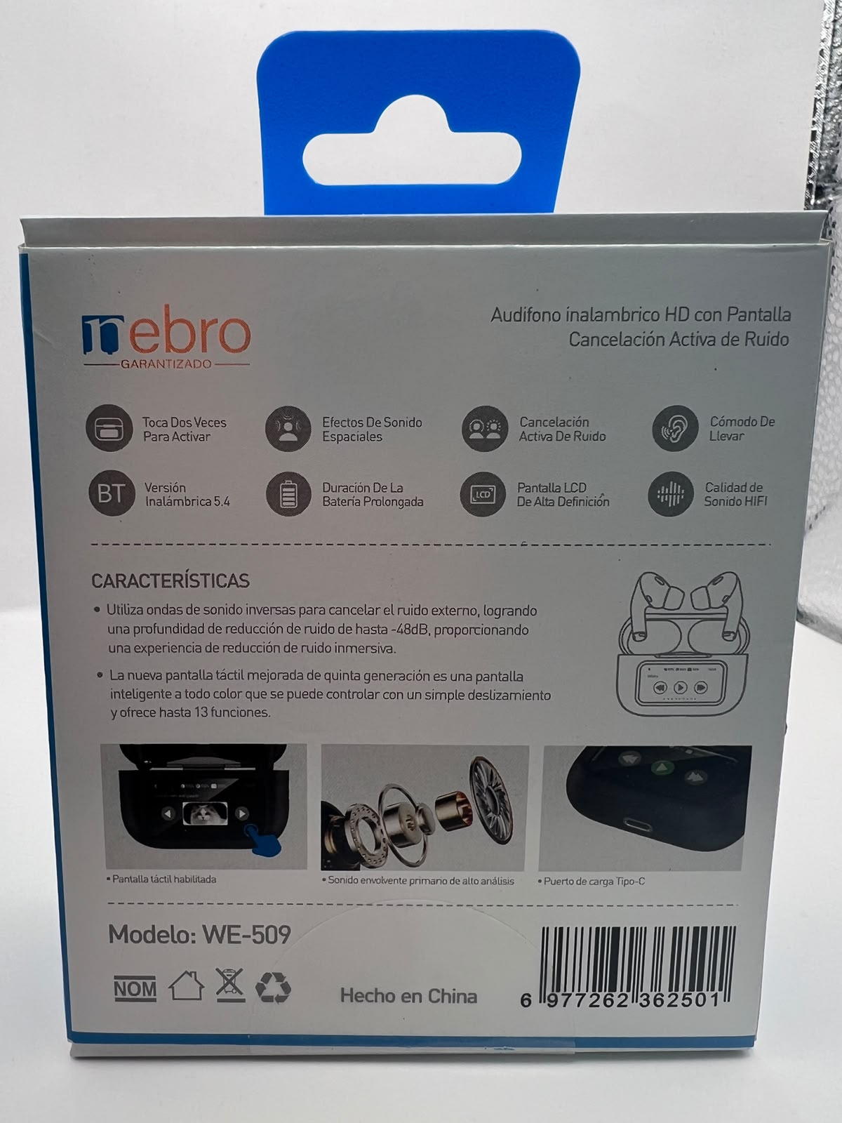 Empaque de los audífonos Nebro WE-509 TWS con pantalla y ANC