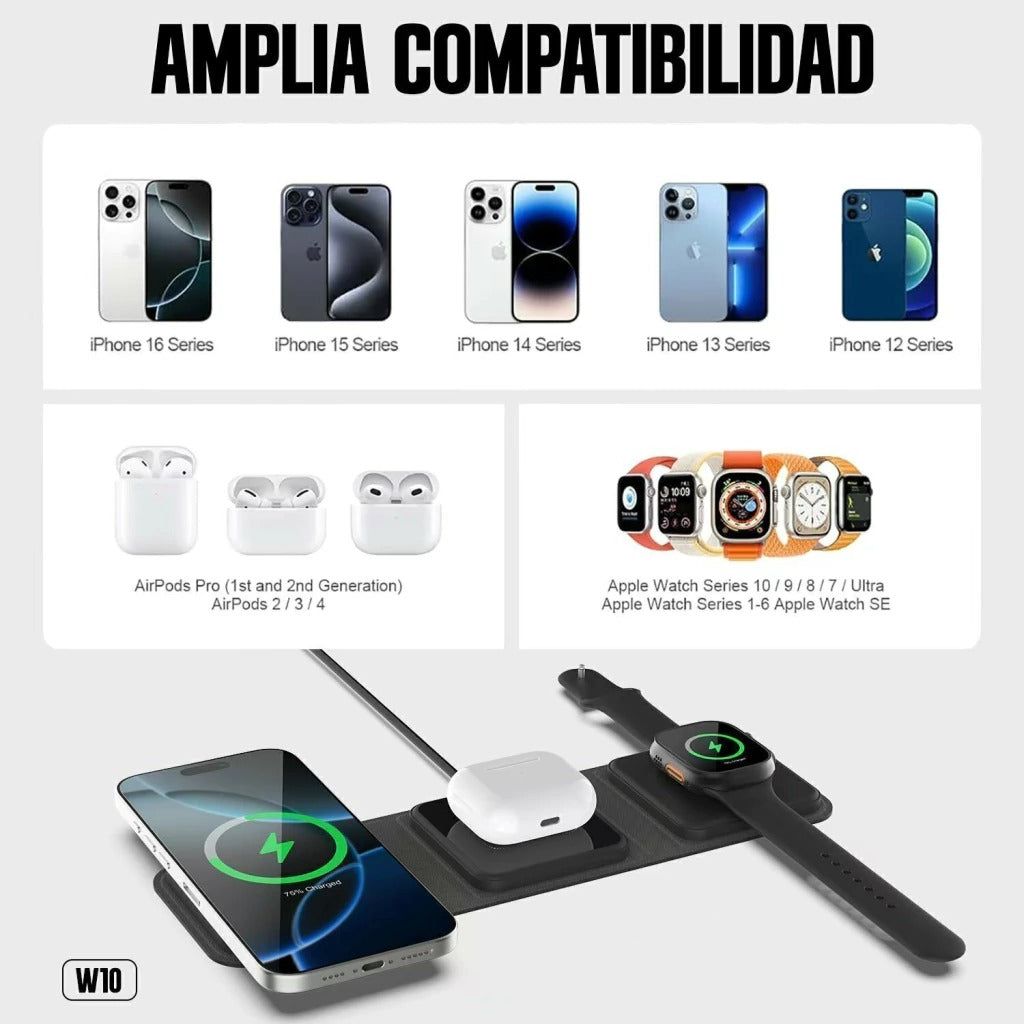 Compatibilidad del KBOD W10 segun el fabricante: iPhone, AirPods y Apple Watch (recreación digital)