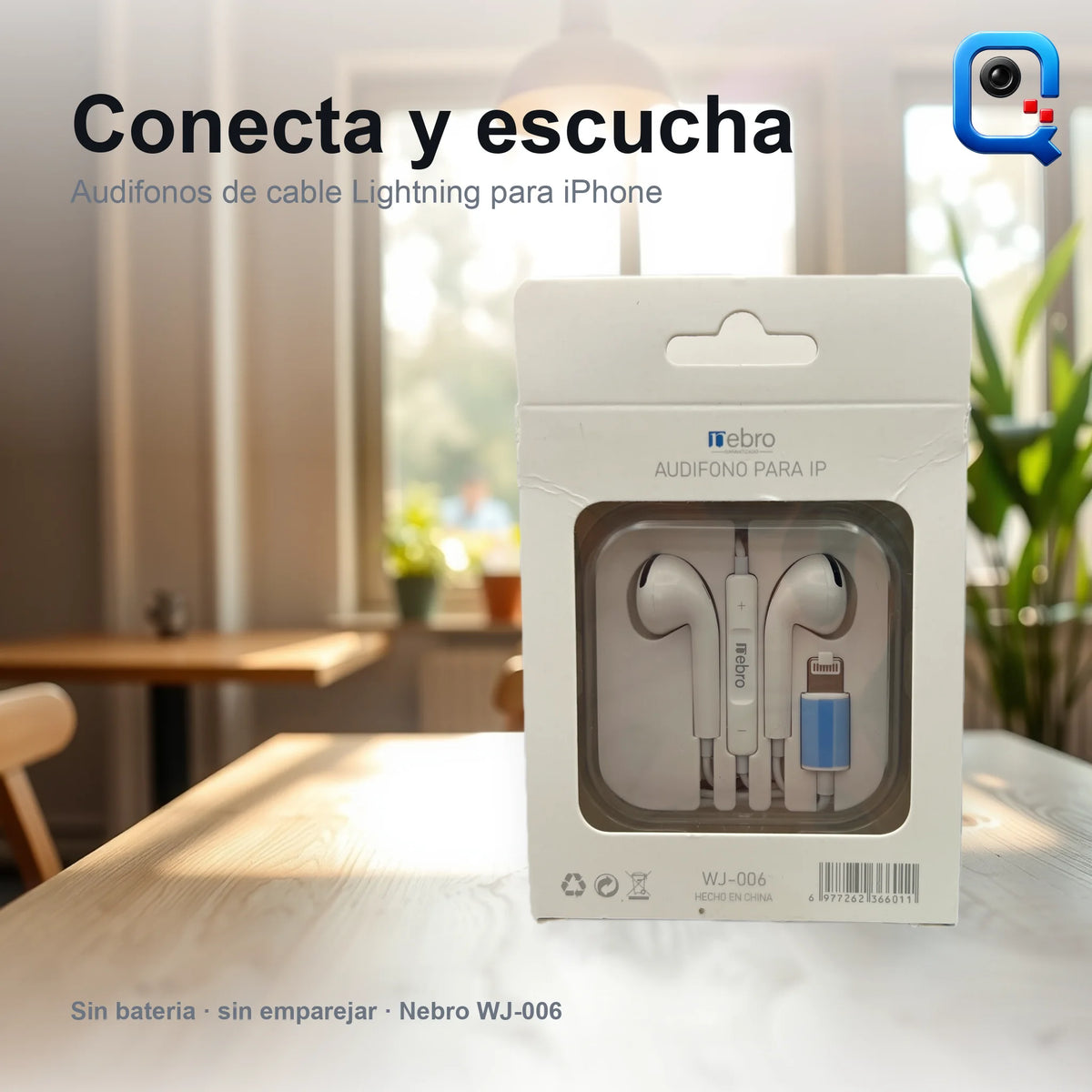 Audifonos de cable Lightning Nebro WJ-006 en su caja sobre una mesa, conecta y escucha (recreación digital)