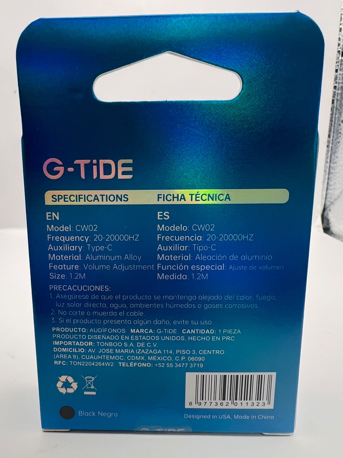 Empaque y ficha técnica de los audífonos G-TiDE CW02 Tipo-C