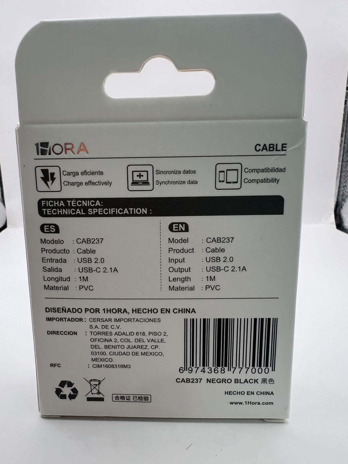 Empaque del cable 1HORA CAB237 USB-C 1 m negro