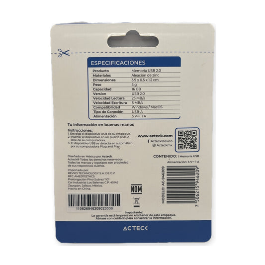 Reverso del empaque memoria USB Acteck Nomad Metal 16GB con especificaciones