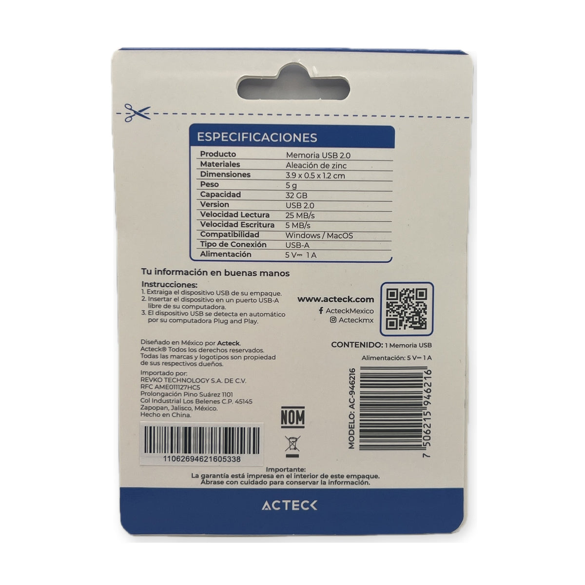 Reverso del empaque memoria USB Acteck Nomad Metal 32GB con especificaciones
