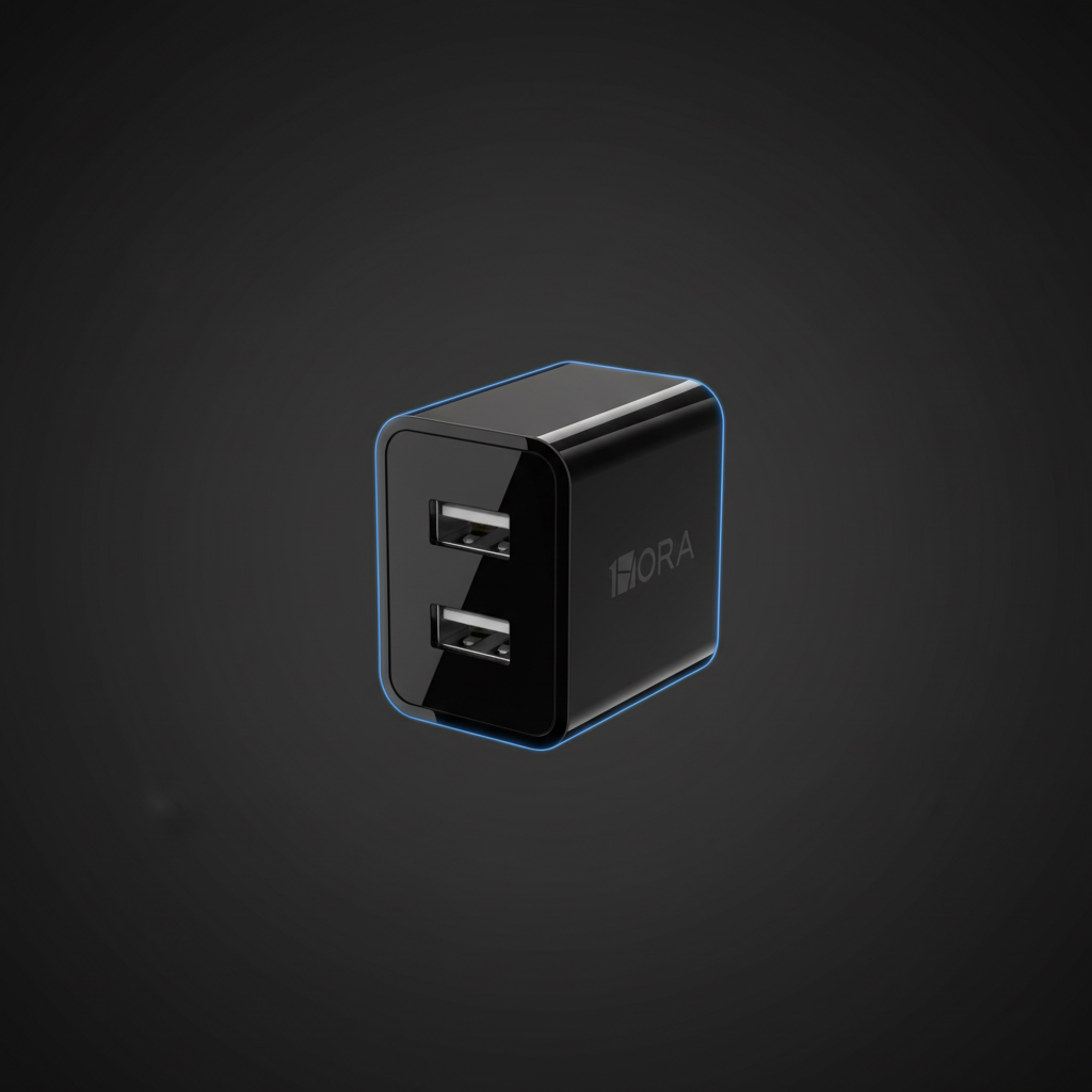 Creativo generado con IA a partir de fotos reales del cargador 1HORA GAR129 dual USB-A