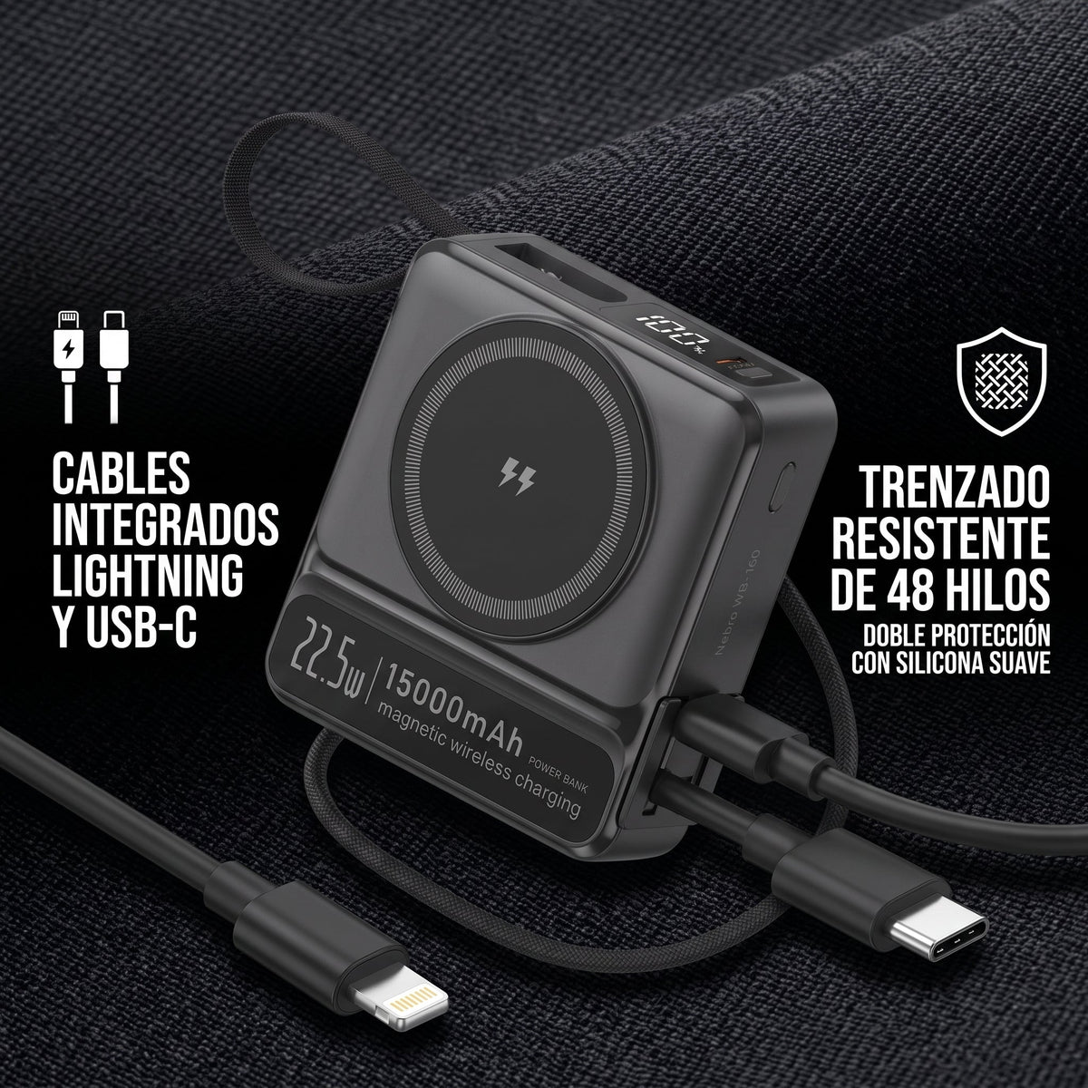 Power bank Nebro WB-160 con cables integrados Lightning y USB-C (recreación digital)
