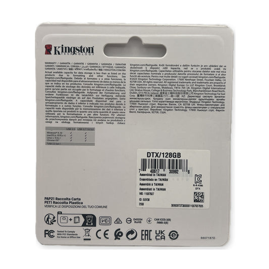 Reverso del empaque memoria USB Kingston DataTraveler Exodia 128GB con compatibilidad