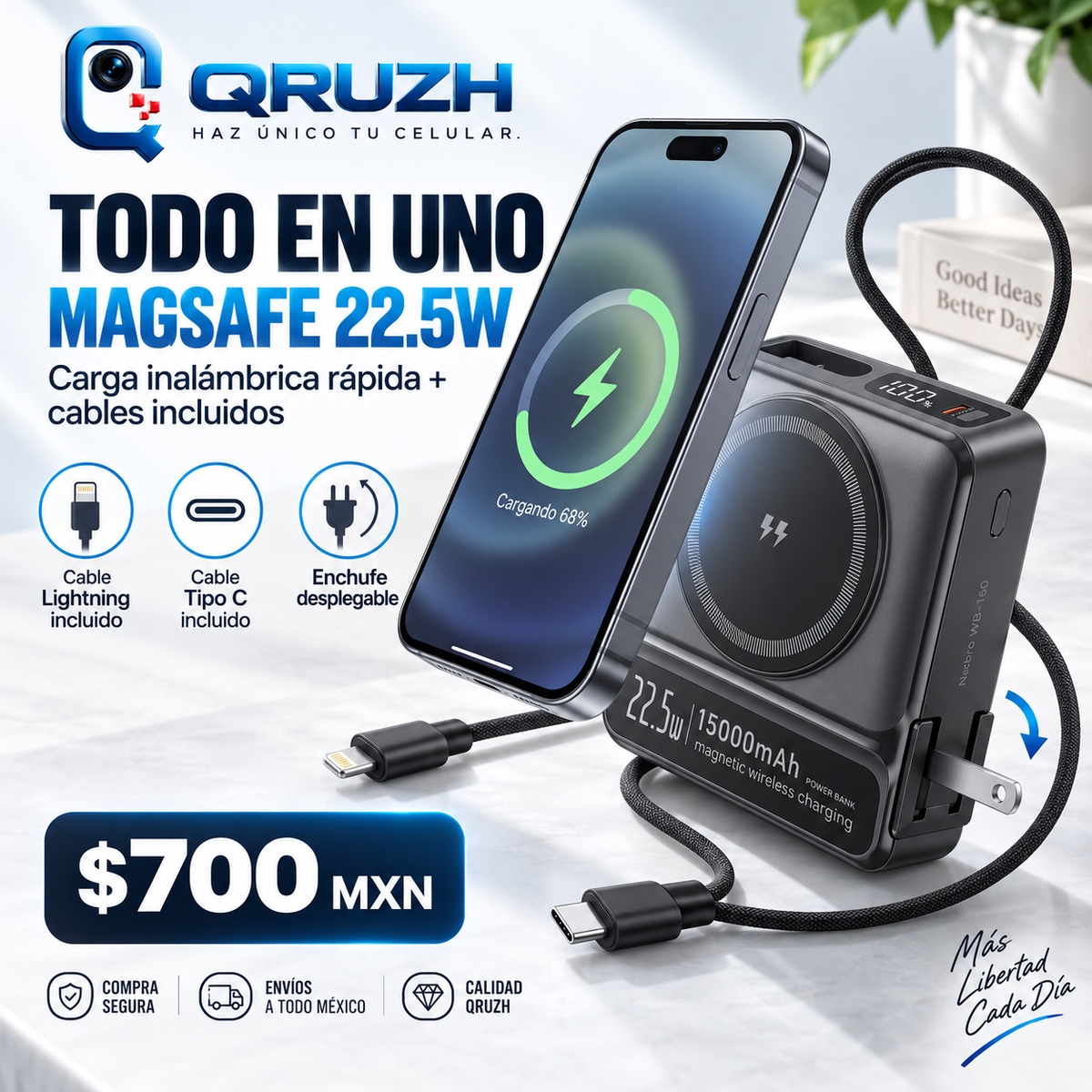 QRUZH power bank Nebro WB-160 todo en uno MagSafe 22.5 W cargando un iPhone, precio 700 pesos (recreación digital)