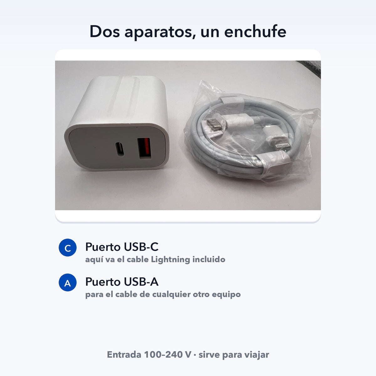 Cargador de pared 35W con salidas USB-C y USB-A y cable Lightning — QRUZH