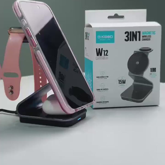 Video del KBOD W12 cargando celular, reloj y audifonos al mismo tiempo