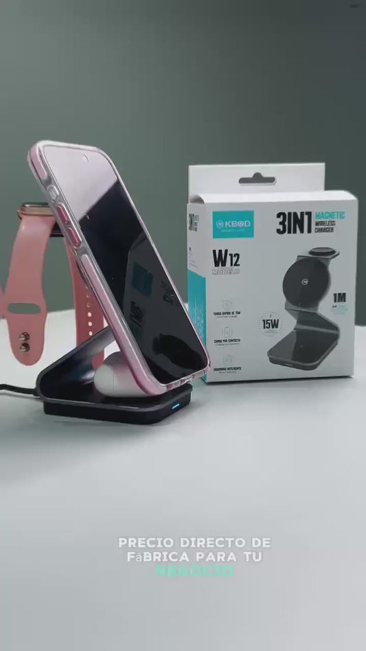 Video del KBOD W12 cargando celular, reloj y audifonos al mismo tiempo